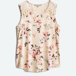 Daniel Rainn Floral Sleeveless Top L | Crochet Yoke Cream Pink Blouse